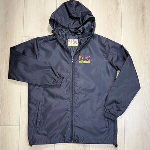 Vintage Atlantic Mens Large Hooded Windbreaker Jacket Black Full Zip Logo Lined